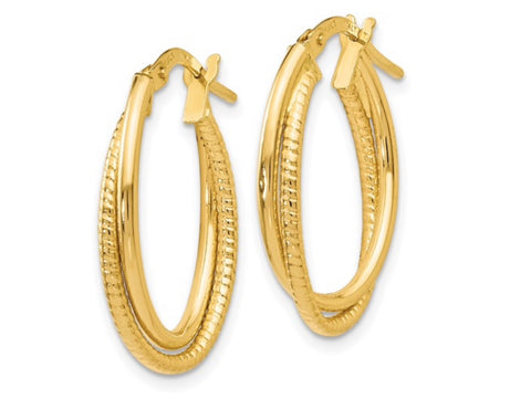 14K Polished and Textured 6.0mm Round Hoop Earrings