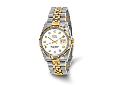 Swiss Crown™ USA Pre-owned Rolex-Independently Certified Steel and 18k 36mm Jubilee Datejust White Diamond Dial and Fluted Bezel Watch