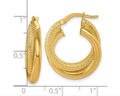 14K Polished and Textured 6.0mm Round Hoop Earrings