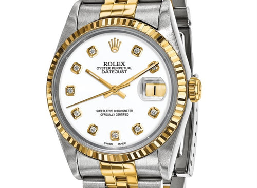 Swiss Crown™ USA Pre-owned Rolex-Independently Certified Steel and 18k 36mm Jubilee Datejust White Diamond Dial and Fluted Bezel Watch