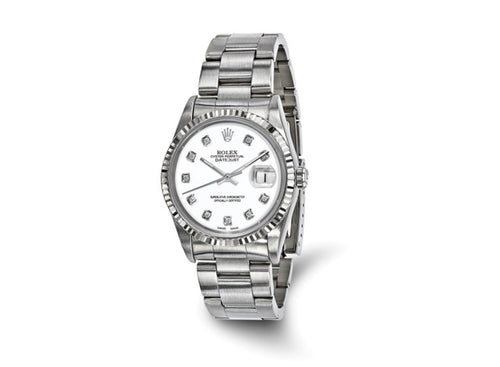 Swiss Crown™ USA Pre-owned Rolex-Independently Certified Steel 36mm Oyster Datejust White Diamond Dial and 18k Fluted Bezel Watch